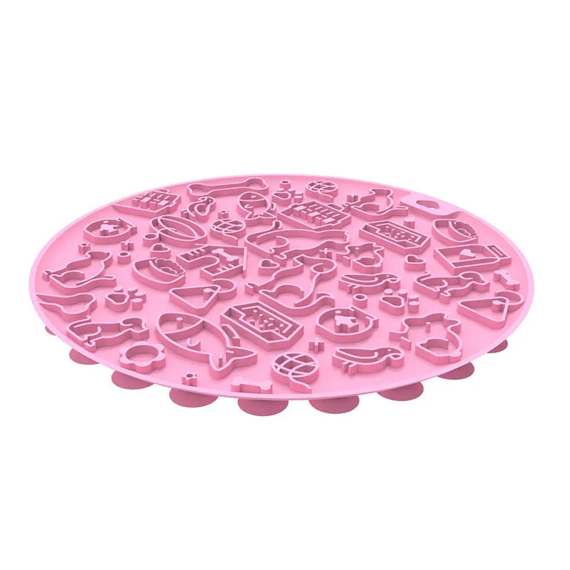 Round silicone pet licking mat with suction cup in blue, pink, grey, mint, or orange colour.