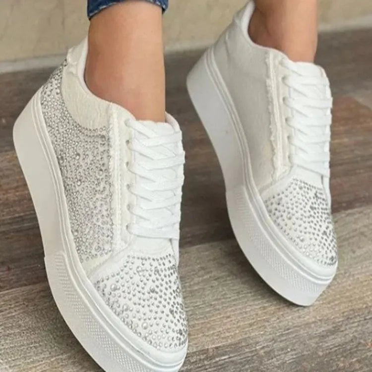 Plus size women's black lace-up casual shoes with rhinestones on round toe and thick flat rubber sole