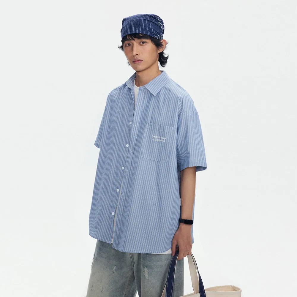 Blue striped overalls short-sleeved shirt in loose cardigan style made from cotton blend fabric