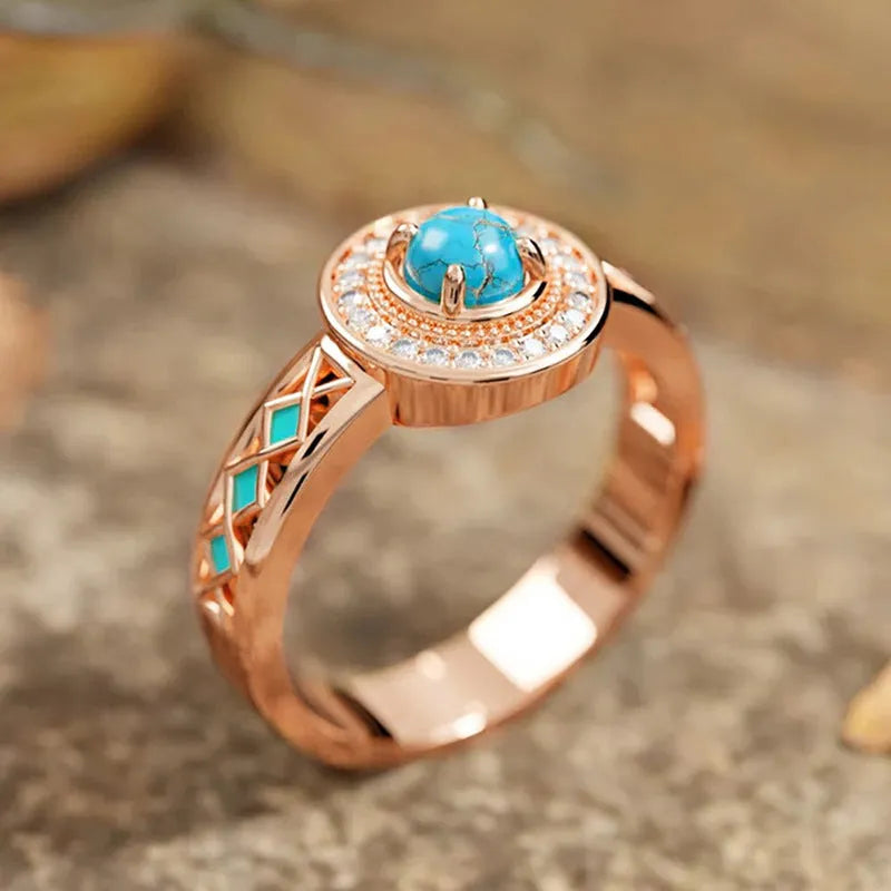 Women's turquoise ethnic style geometric ring with micro inlaid zircon in rose gold colour