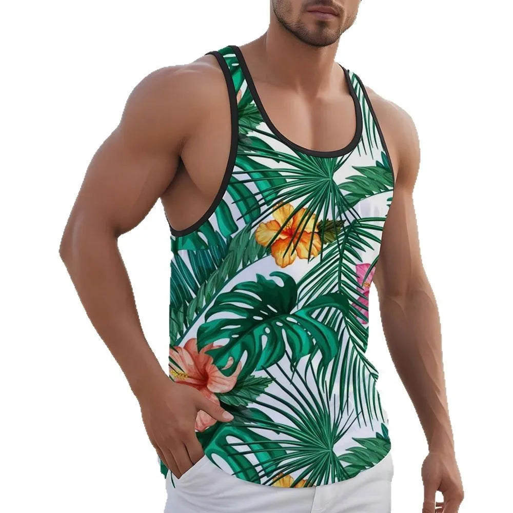 Men's solid colour Hawaiian style sleeveless vest t-shirt made from polyester pinhole cloth