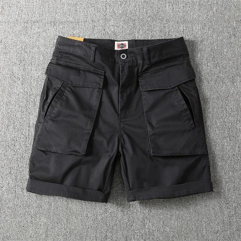 Men's straight-leg cotton cargo shorts in army green with multiple pockets on the legs.