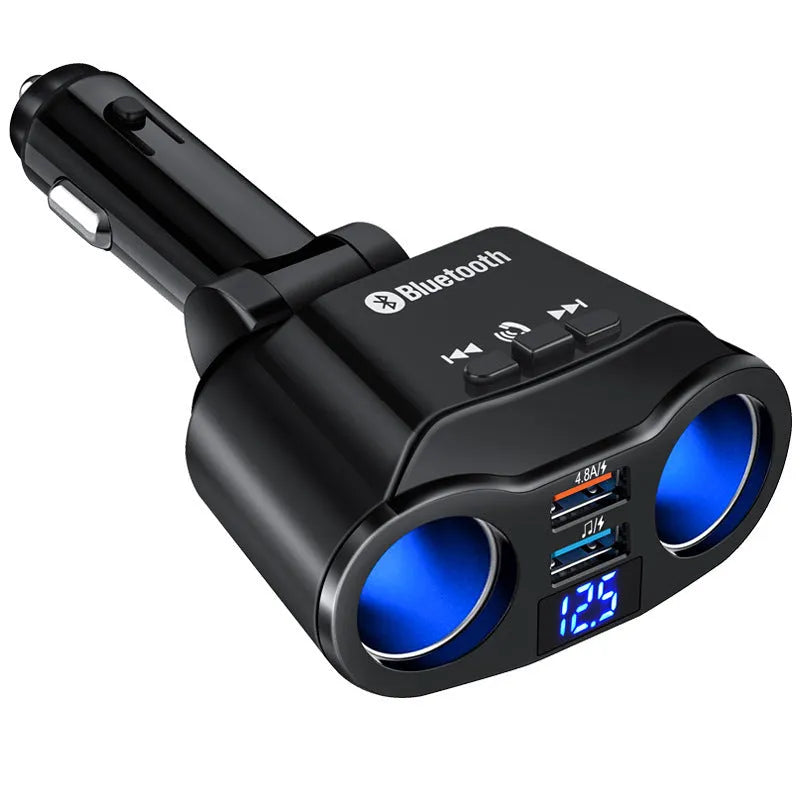 Car Bluetooth FM transmitter MP3 player plugged into vehicle cigarette lighter socket showing LED indicator