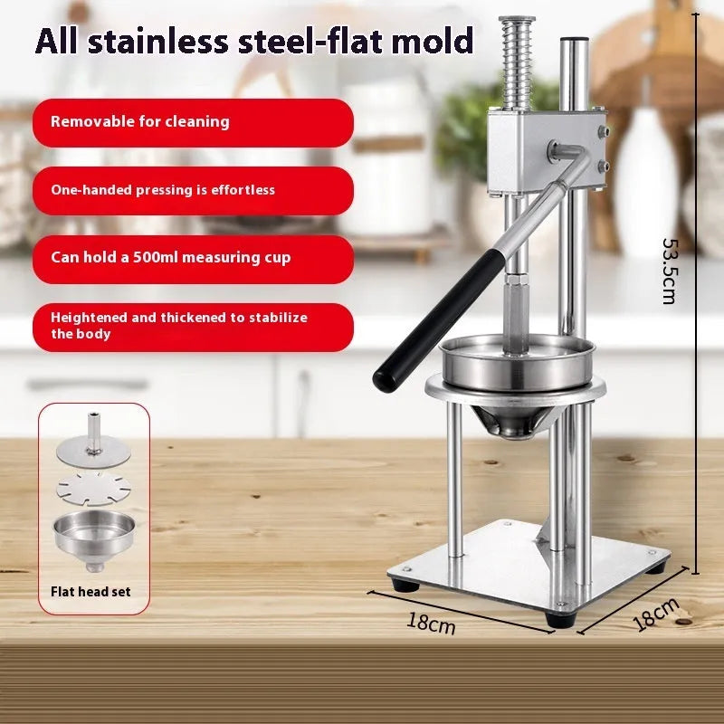 Manual stainless steel and nylon citrus juicer on a countertop, 480cm size with flat mould head.