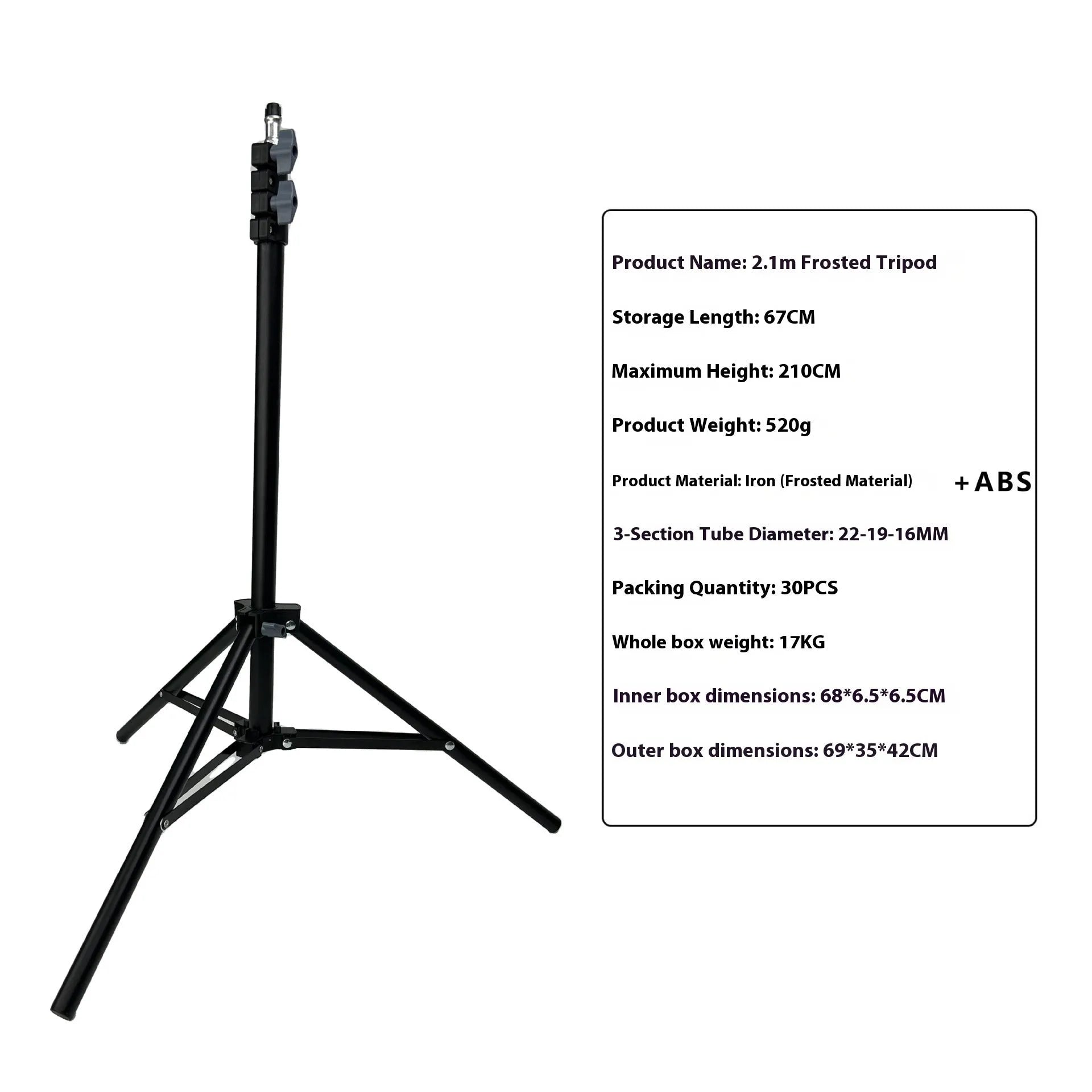 Frosted finish tripod stand with mobile phone holder attached, showing height adjustment mechanism