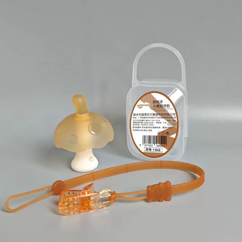 Small pink and nano colour mushroom gum latex stress balls in a transparent box with an optional chain.