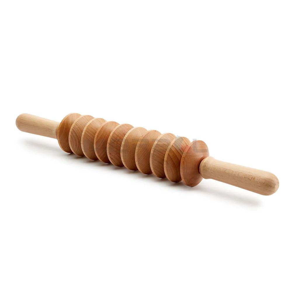 Solid beech wood massage roller set showing multiple shapes including T-shaped roller and wheel variants