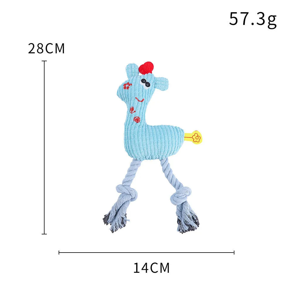 Blue deer-shaped plush dog toy with corn grain texture and sound feature for pet play