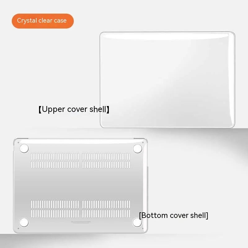 Hard plastic protective case fitted on a silver MacBook Pro laptop, showing clear transparent finish.
