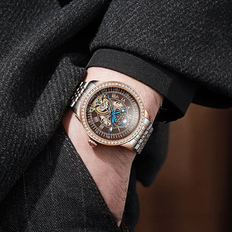 Men's waterproof mechanical watch with stainless steel case and multiple strap colour options