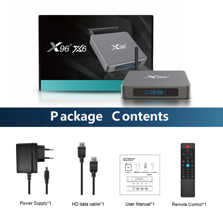 Android smart TV set-top box with voice remote control, HDMI cable, and power adapter on a table.