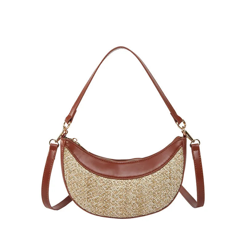 Straw dumpling-shaped crossbody bag with sandwich pocket in black, green, brown or white colour options