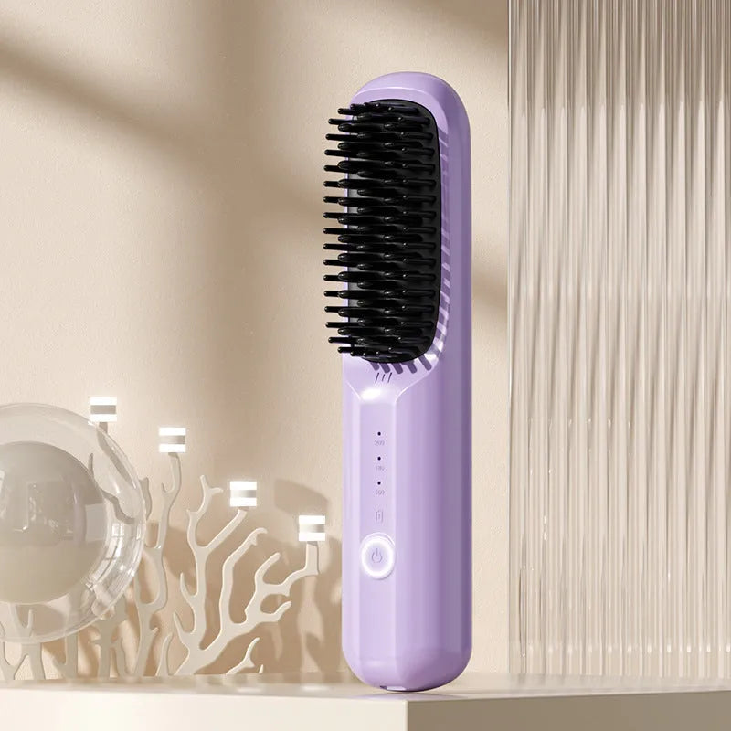 Beige wireless anion hair straightening comb on a table with Type-C cable.
