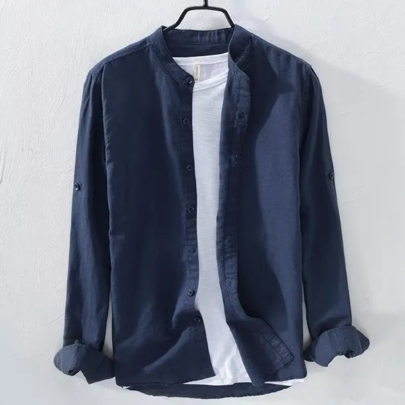 Men's loose fit linen cotton long sleeve shirt in dark blue colour showing button-up design