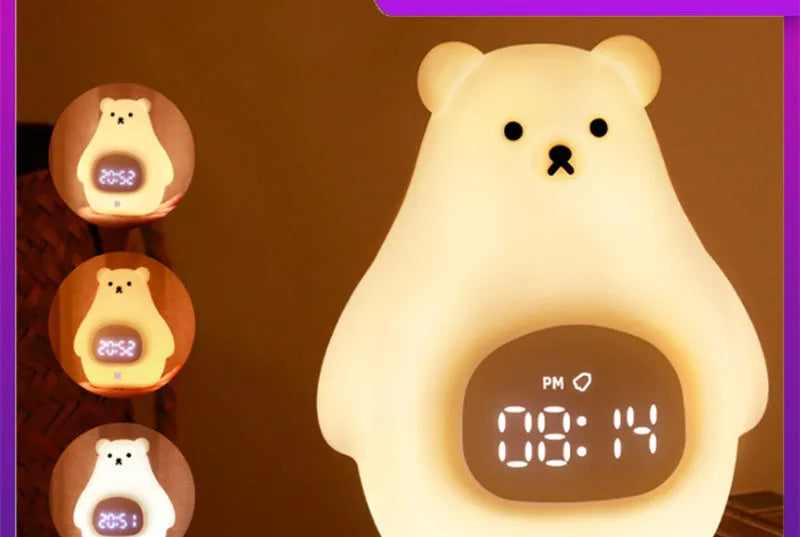White silicone bear-shaped night light with timer and alarm clock functions on a bedside table.