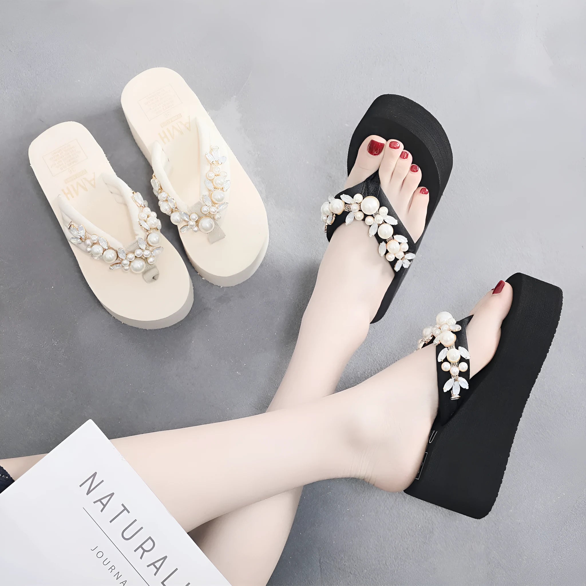 Women's beige high-heeled flip-flops with a cotton cloth upper on a white background.