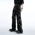 Men's heavyweight washed denim jeans with American high street graffiti style in grey pink colour combination