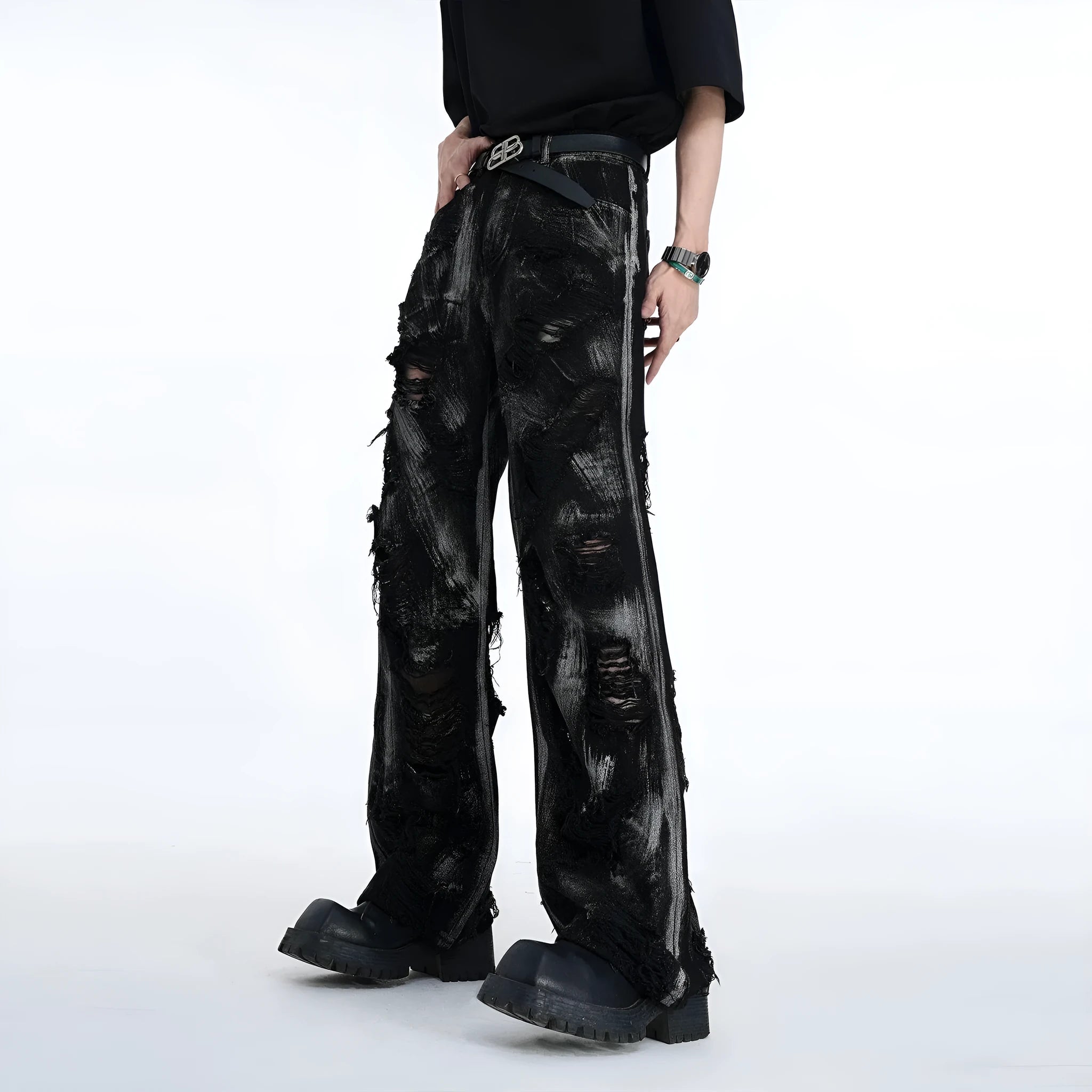 Men's heavyweight washed denim jeans with American high street graffiti style in grey pink colour combination
