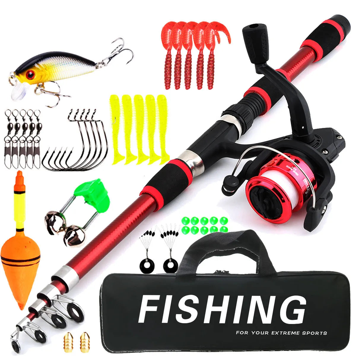 Children's fishing rod with integrated pole and wheel in blue, green, red or yellow colours