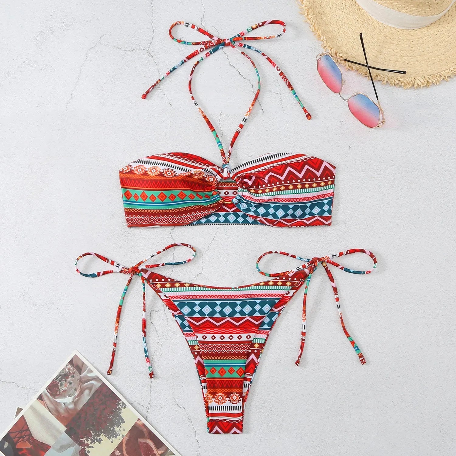 Women's halter-neck split bikini swimsuit in polyester fabric available in multiple colours