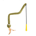 Green cat teasing stick with feather toy on a 140 cm long pole for interactive play.