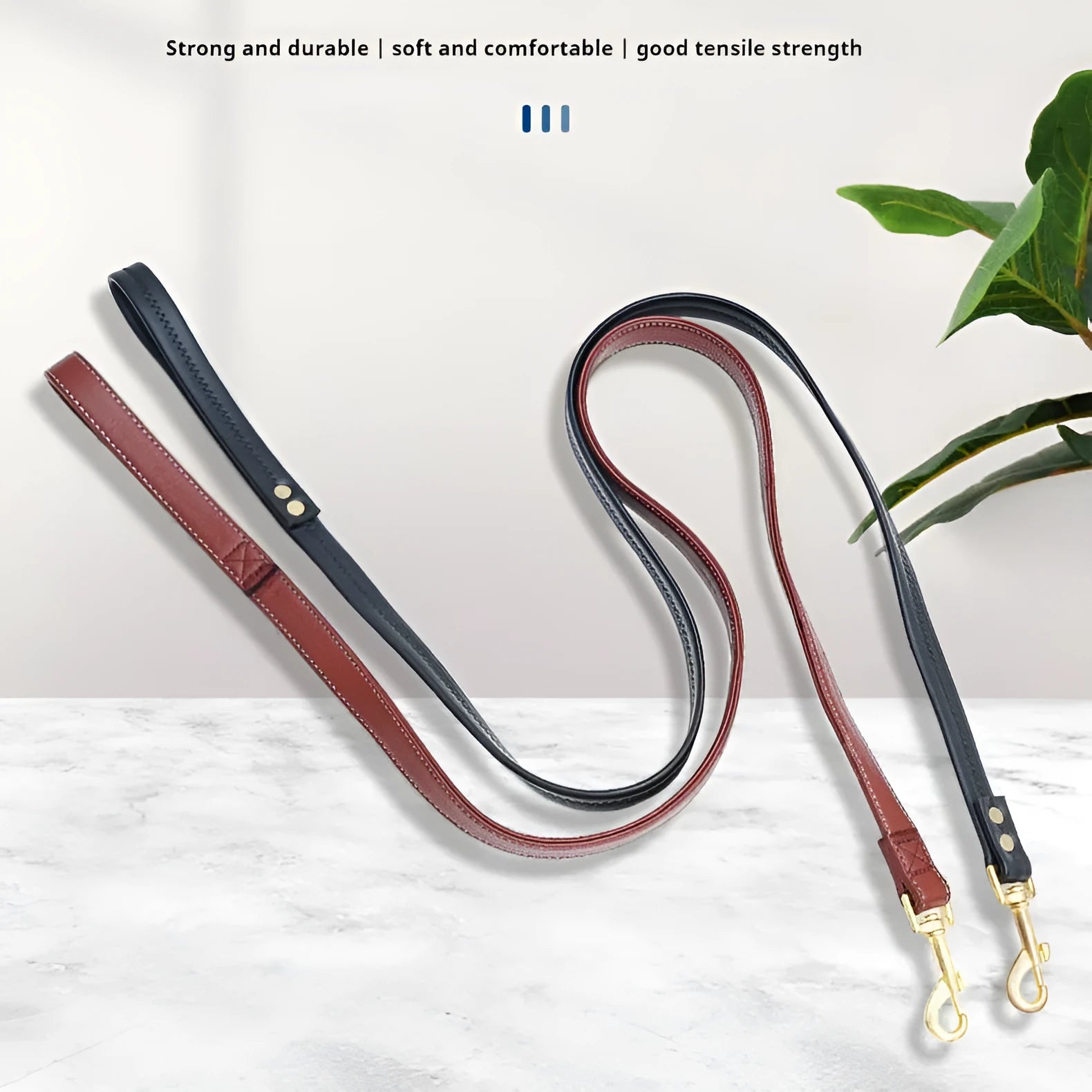 Black and maroon PU leather dog traction belt shown in 1.5m, 2m, and 2.5m lengths.