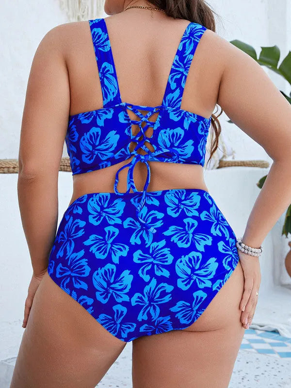 Blue floral print women's plus size split bikini set for swimming.