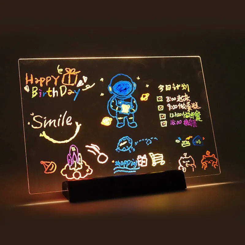 ABS acrylic RGB luminous message board with stand, crayons, and cleaning cloth on desk