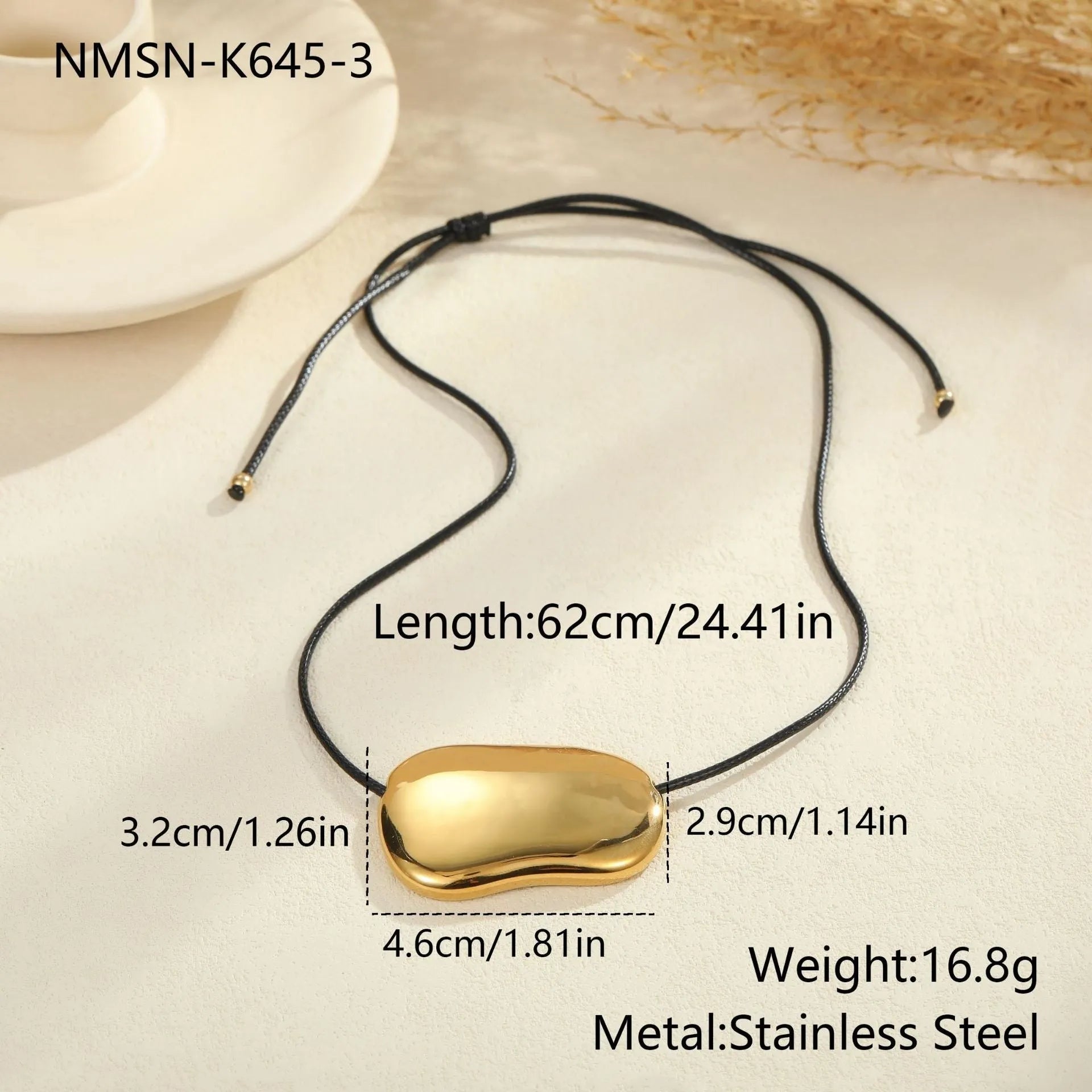 Men's adjustable stainless steel necklace with geometric pendant in gold or silver finish