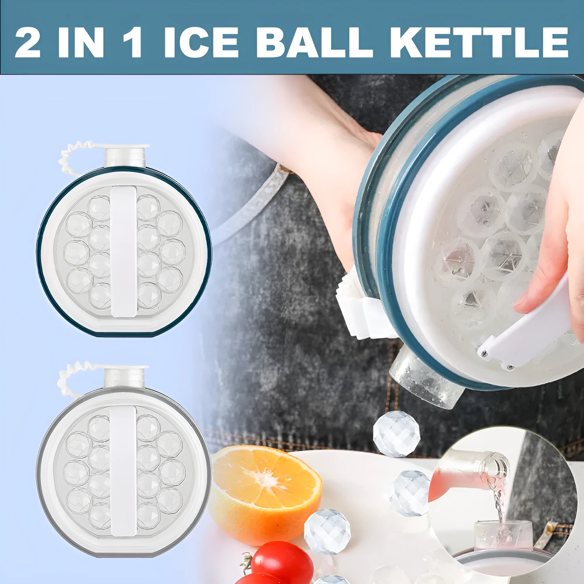 2-in-1 portable ice bottle cold kettle in blue with 800ml capacity and attached handle