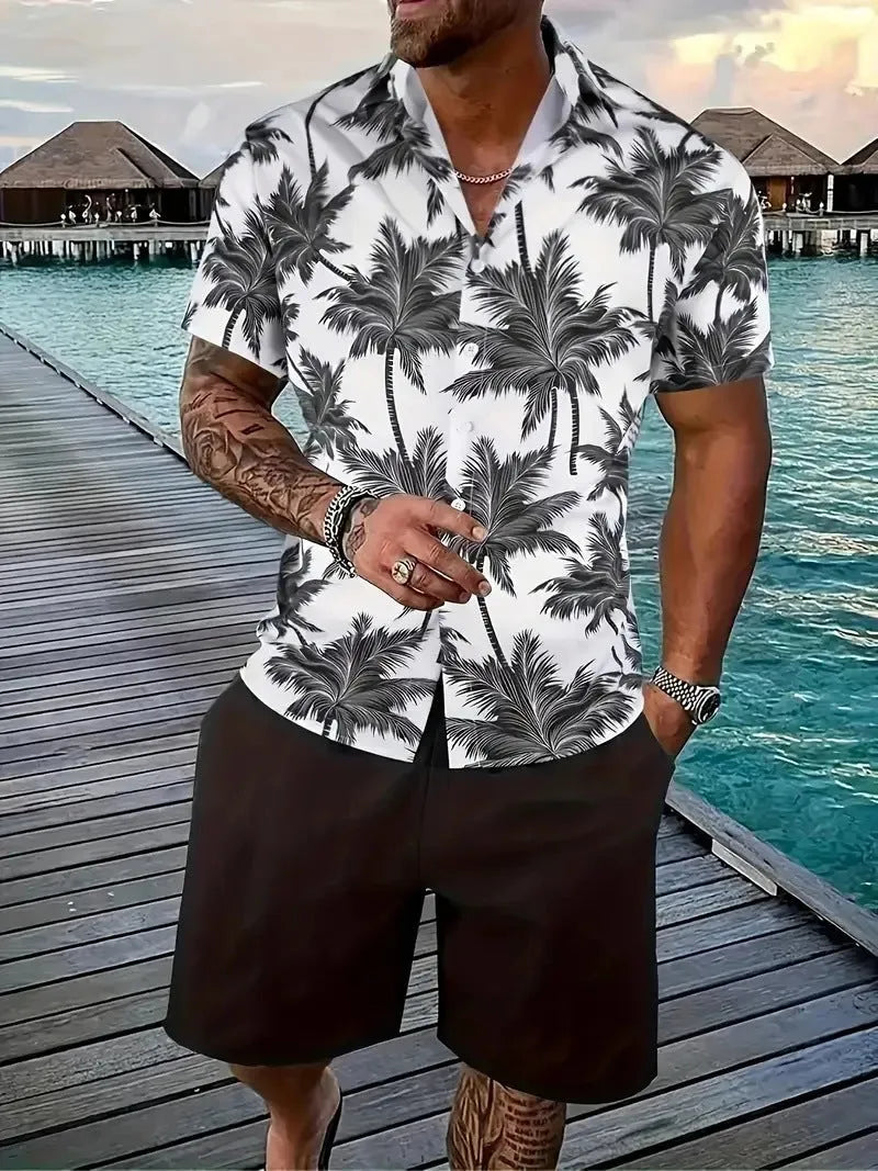 Men's 3D printed Hawaii-style short sleeve top and matching shorts casual summer suit