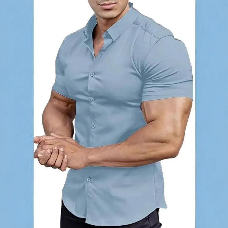 Men's brown short sleeve casual cardigan shirt with a collar.