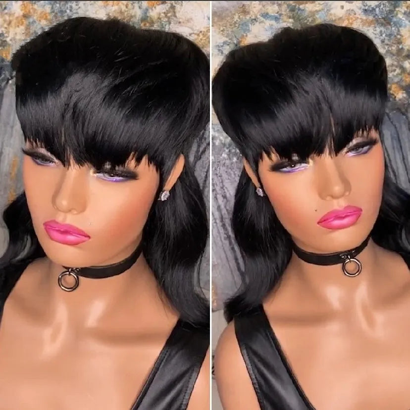 Black Brazilian synthetic wig with styled bangs and long, layered back.