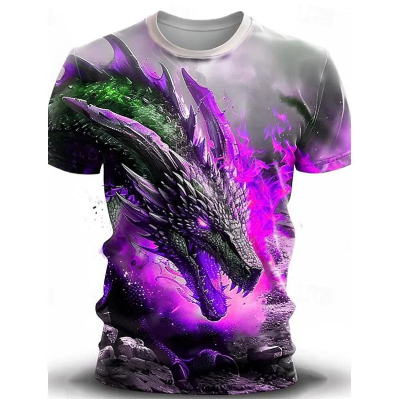 Men's grey T-shirt with a large blue 3D wind dragon print across the chest, short sleeves.
