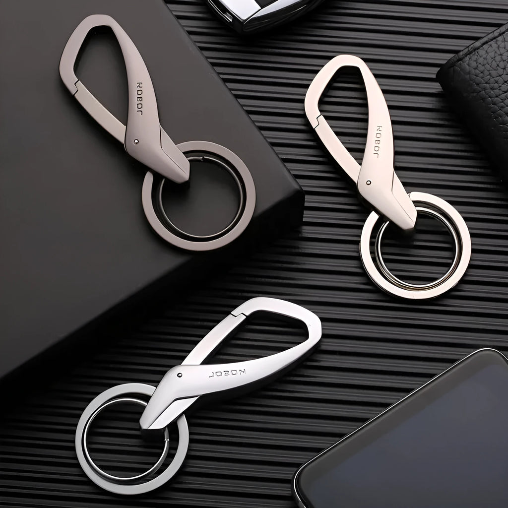 Zinc alloy car key waist hanging double ring in black chrome or nickel colour measuring 8.3 by 3.5 centimetres