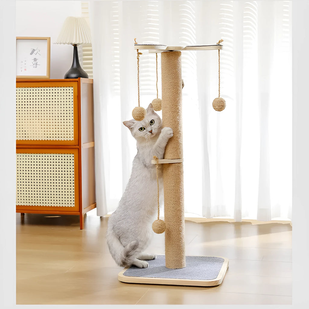 Windmill colour cat climbing frame with hanging ball toy on pine wood structure with carpet leather surfaces