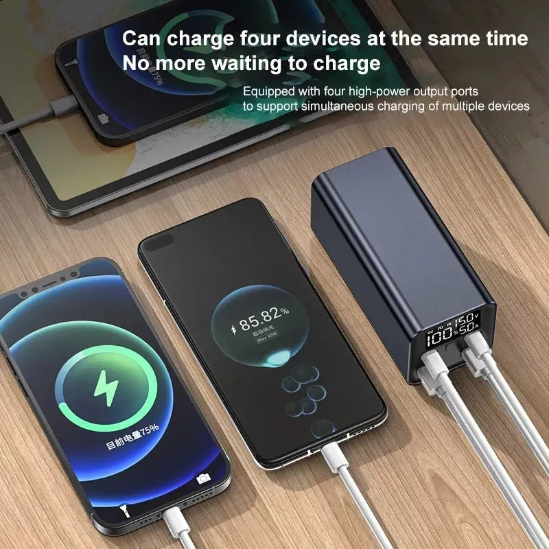 Black high power laptop charging bank showing metal case with 65W output and 20000mAh capacity.