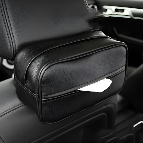 Black PU leather car hanging organiser box with elastic closure on lid.