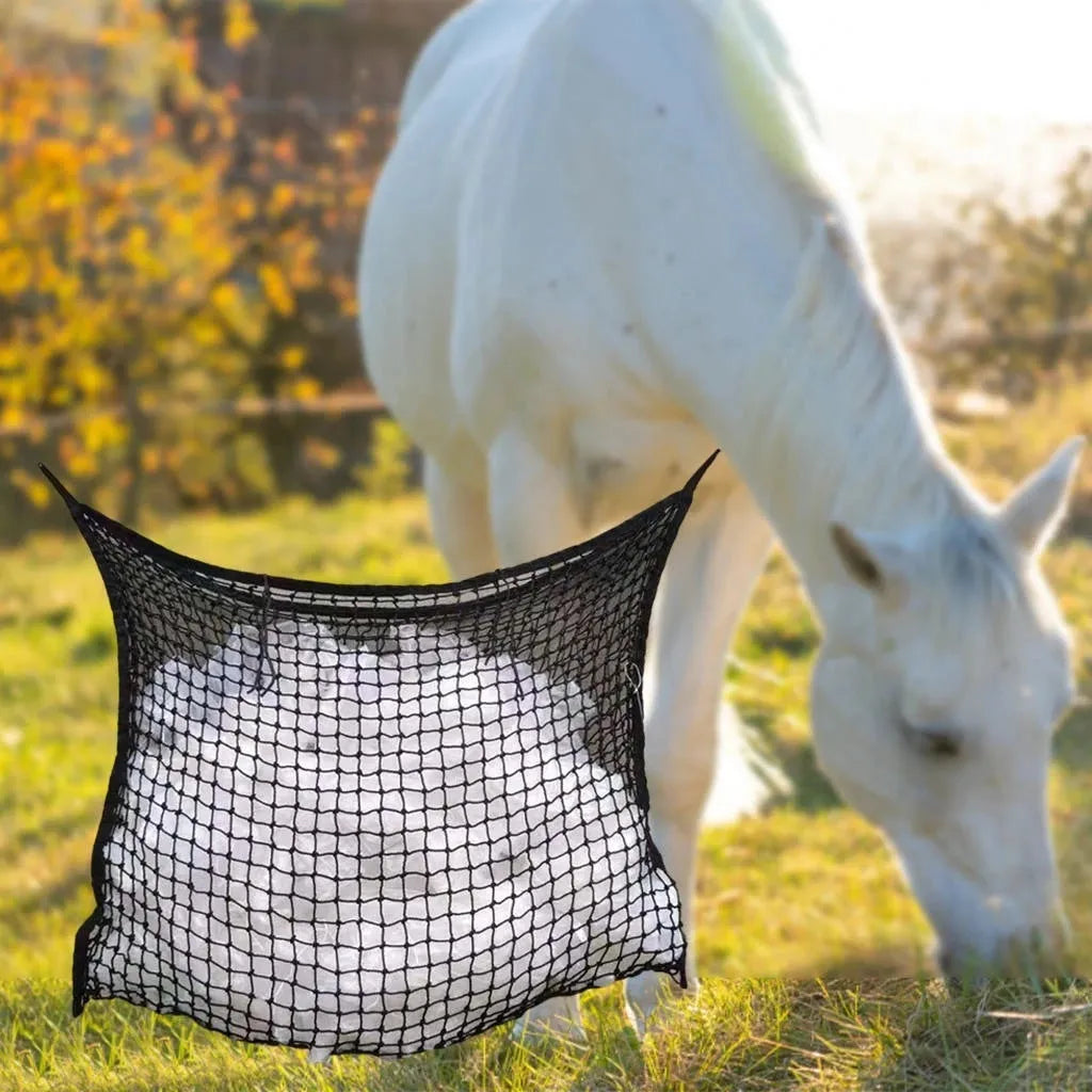 Black woven grid hanging feeding bag for horses and cattle, showing size and rope construction.