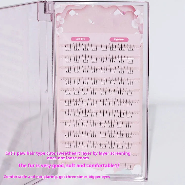 False eyelashes with kitten's paw lower lashes showing 12-row volume and graduated 4-5-6mm lengths