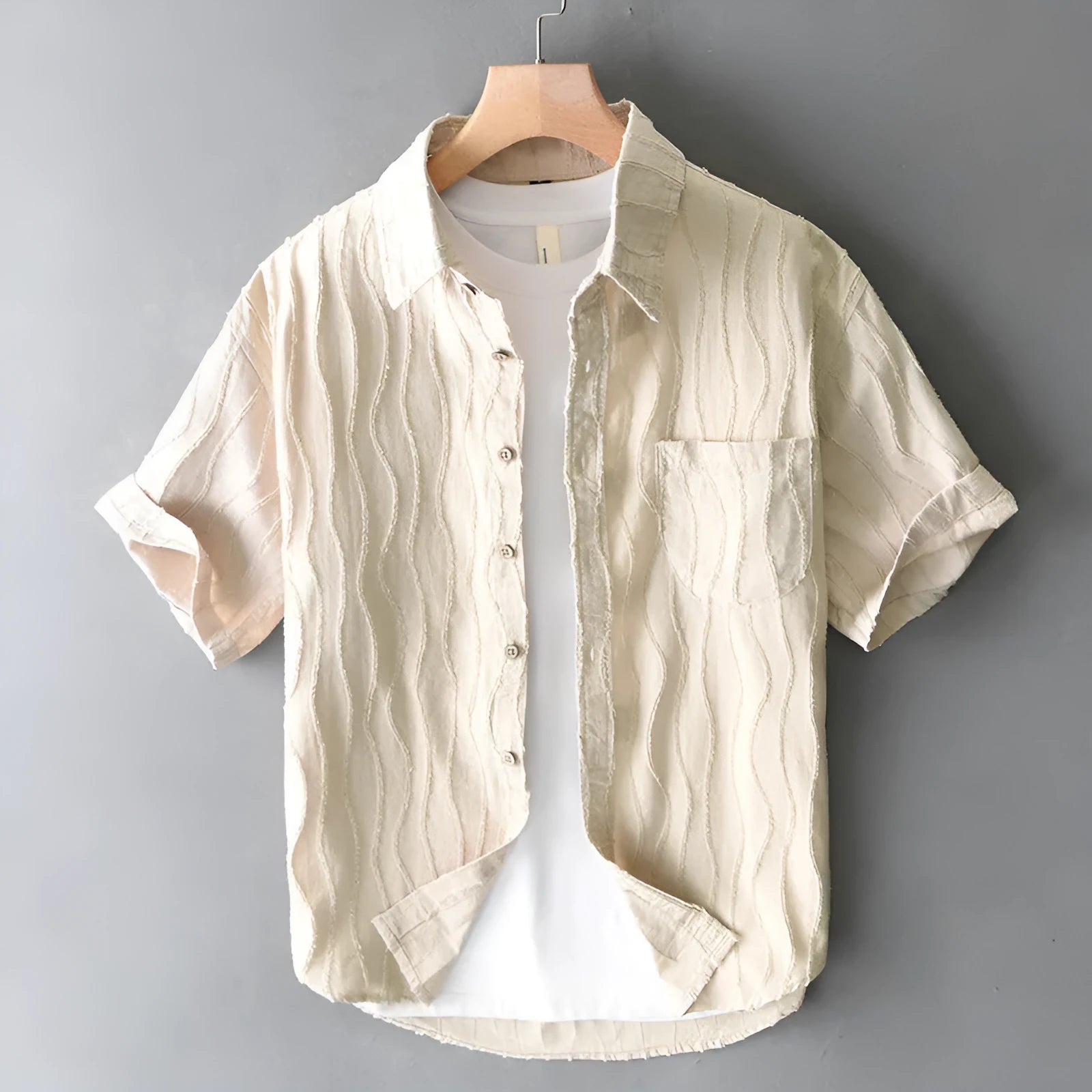 Men's pure cotton short sleeve shirt in loose Japanese style, apricot colour
