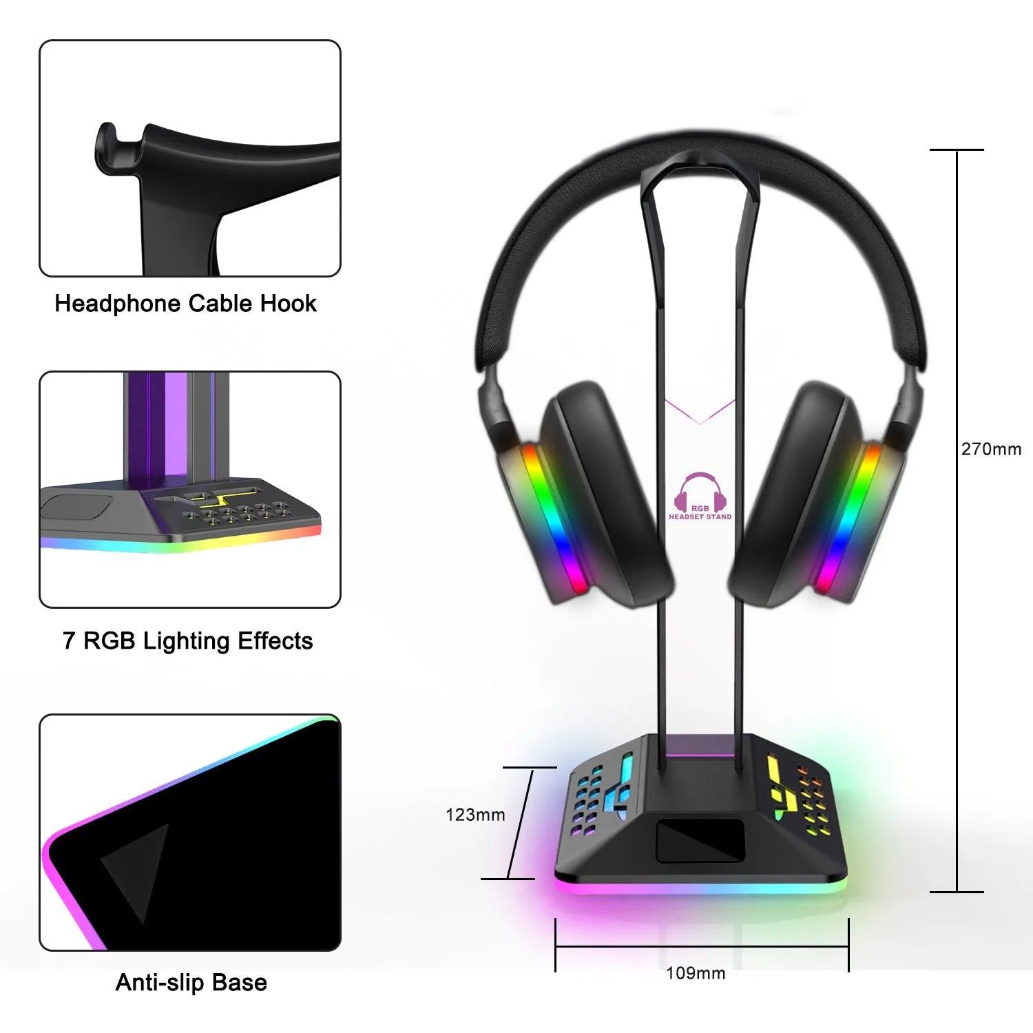 Headset display rack with RGB lighting and dual USB ports on a desk