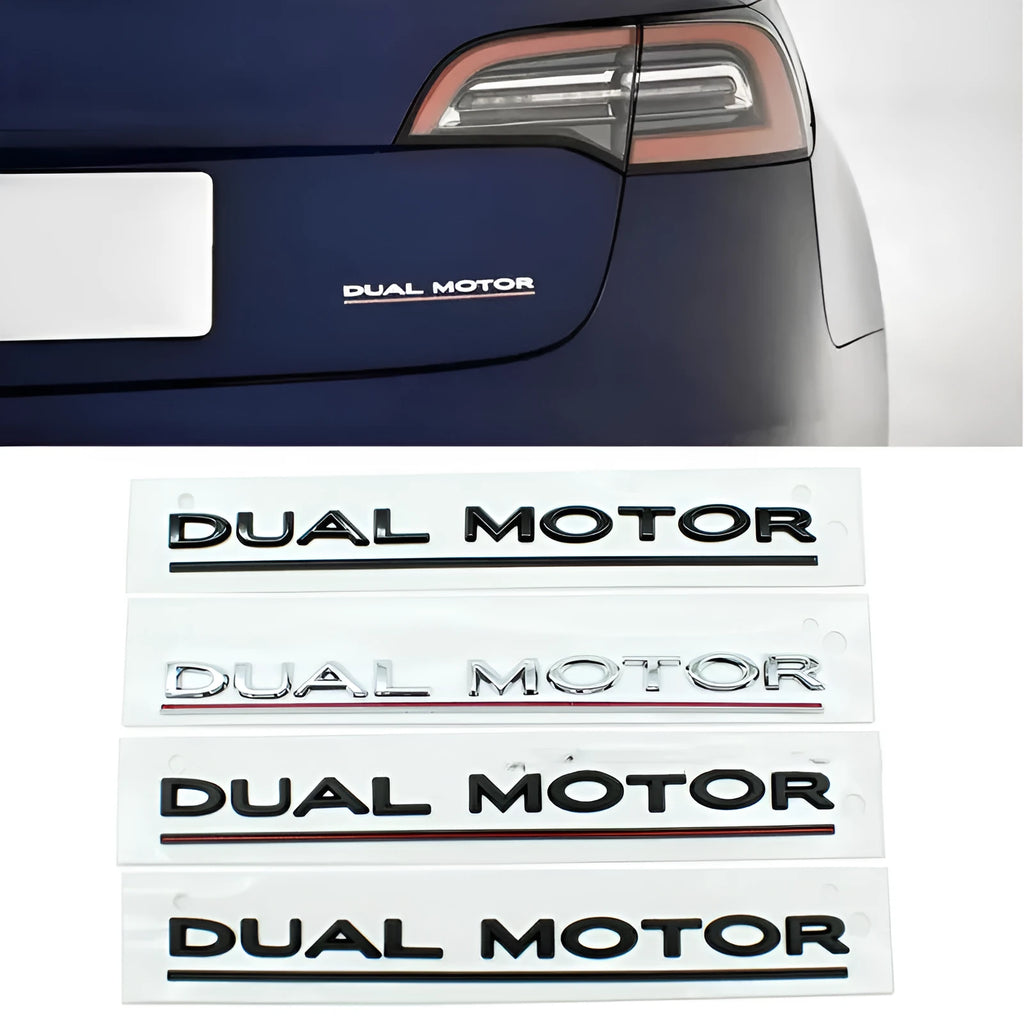 Tesla Model 3 Performance rear bumper sticker in ABS plastic, 19cm by 3cm, shown in matte black and stripe variants.