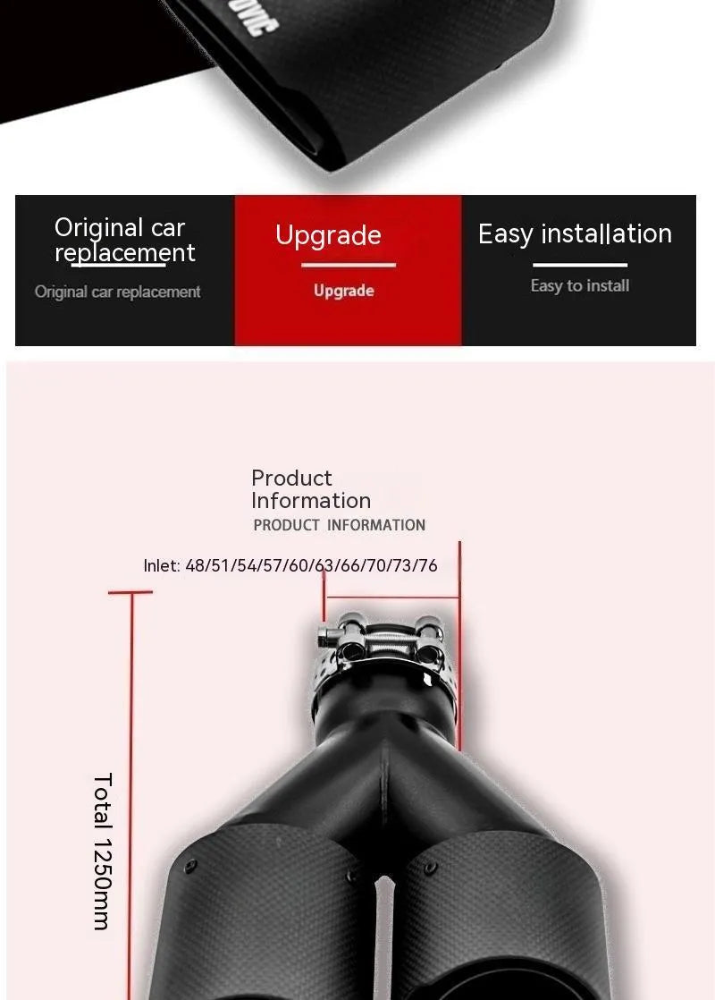 Black carbon fibre car exhaust silencer with double outlet tail nozzle, 250mm length