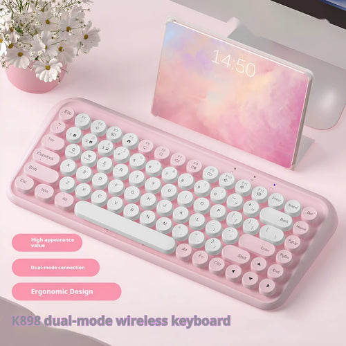 Pink Bluetooth wireless keyboard with 84 keys showing compact design and crater architecture switches