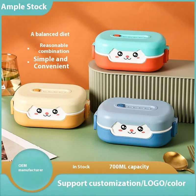 Square plastic divided lunch box in dark blue, orange yellow, and pink green colors for students
