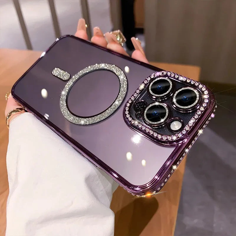 Wireless magnetic drop-resistant iPhone case in Deep Purple with electroplated accents on a soft silicone back.