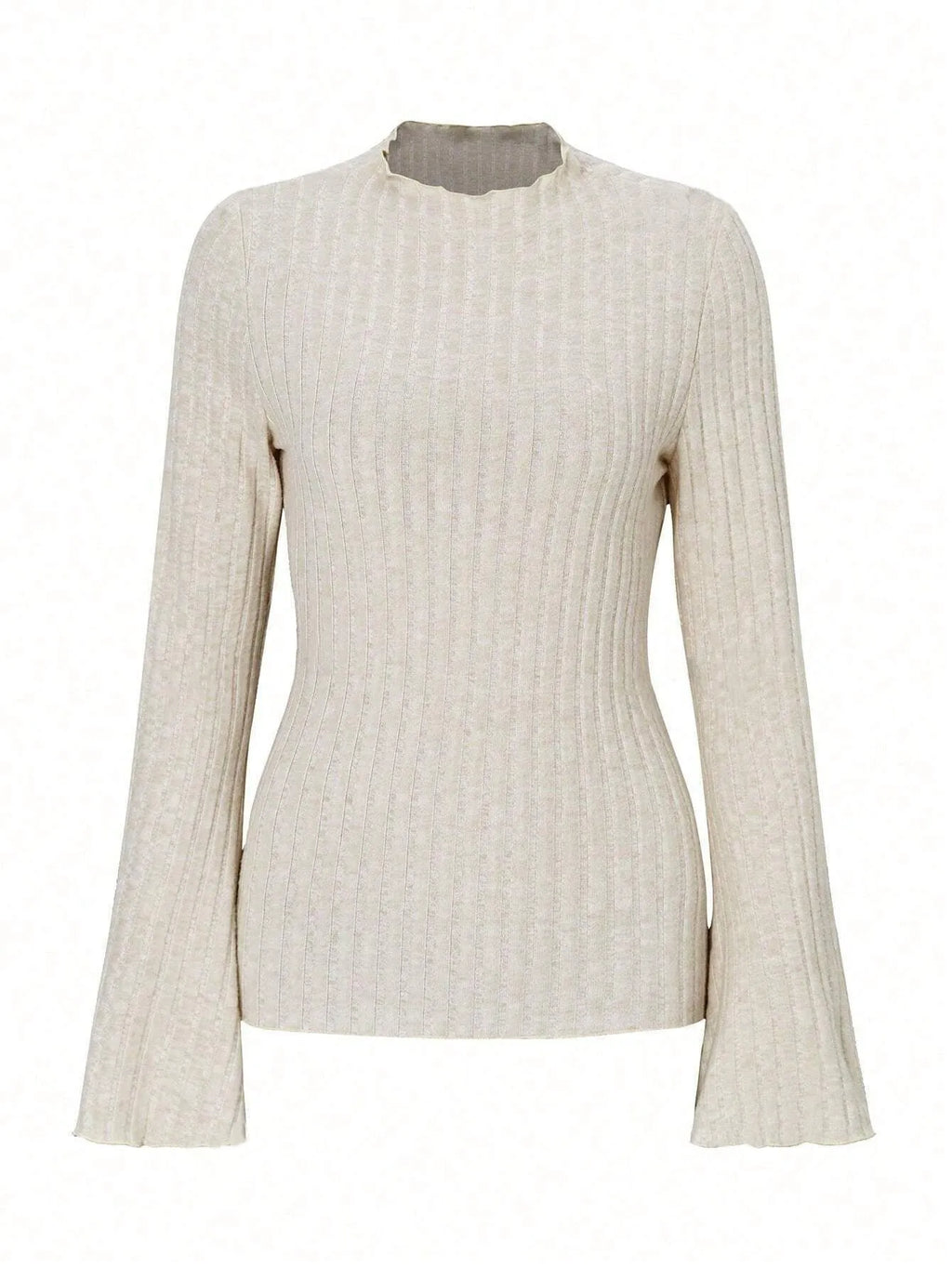 Black slim fit long sleeve top with round neck and lantern sleeves on a mannequin.