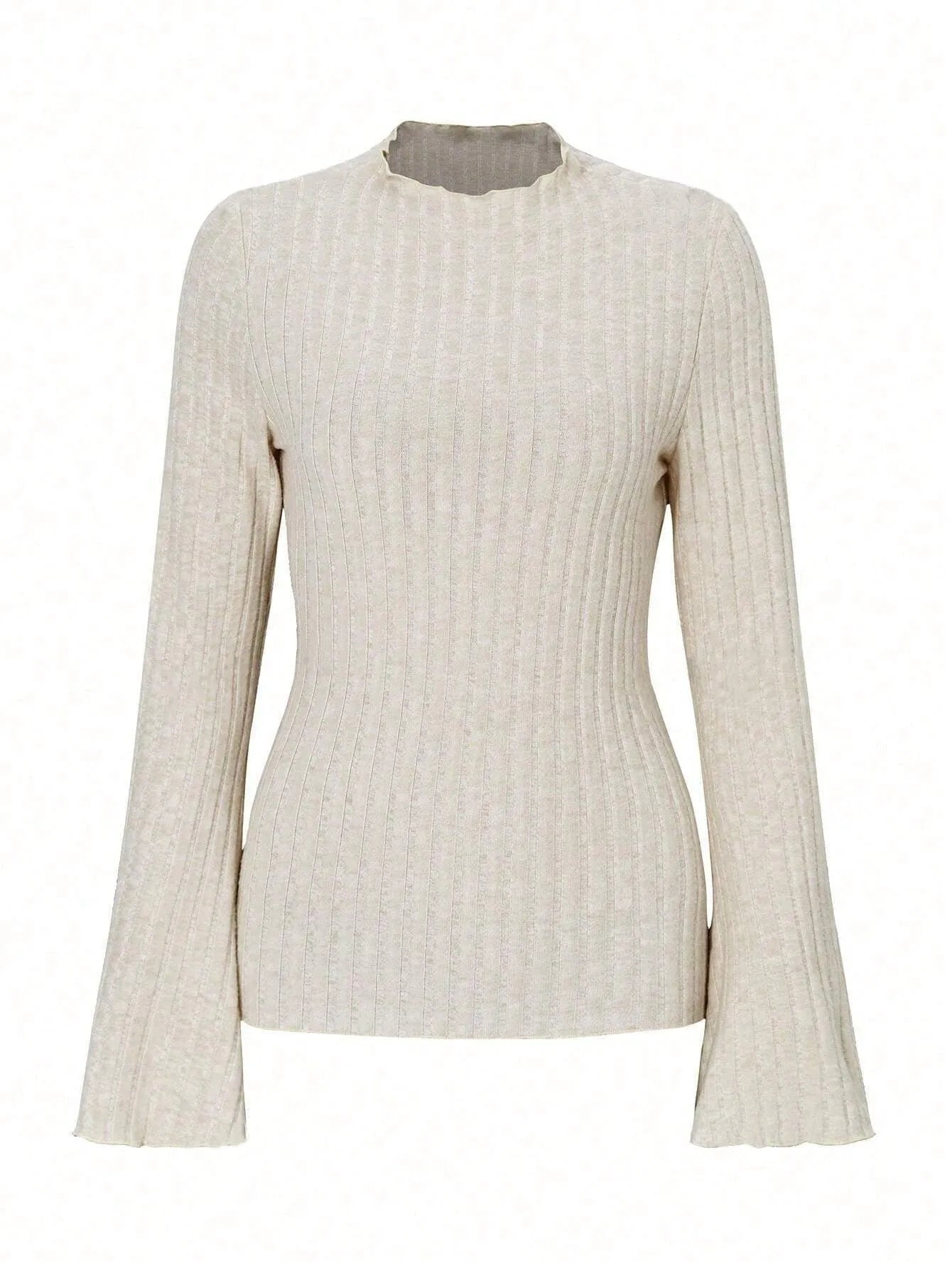 Black slim fit long sleeve top with round neck and lantern sleeves on a mannequin.
