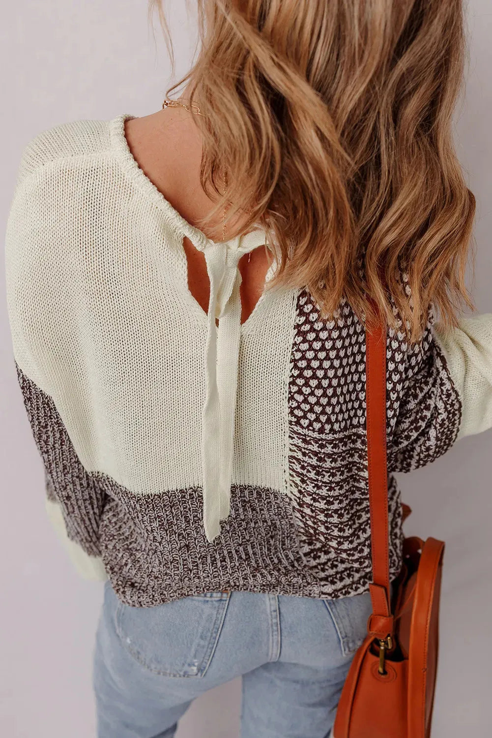 Dark khaki colour block drop shoulder sweater with long sleeves and a back tie.